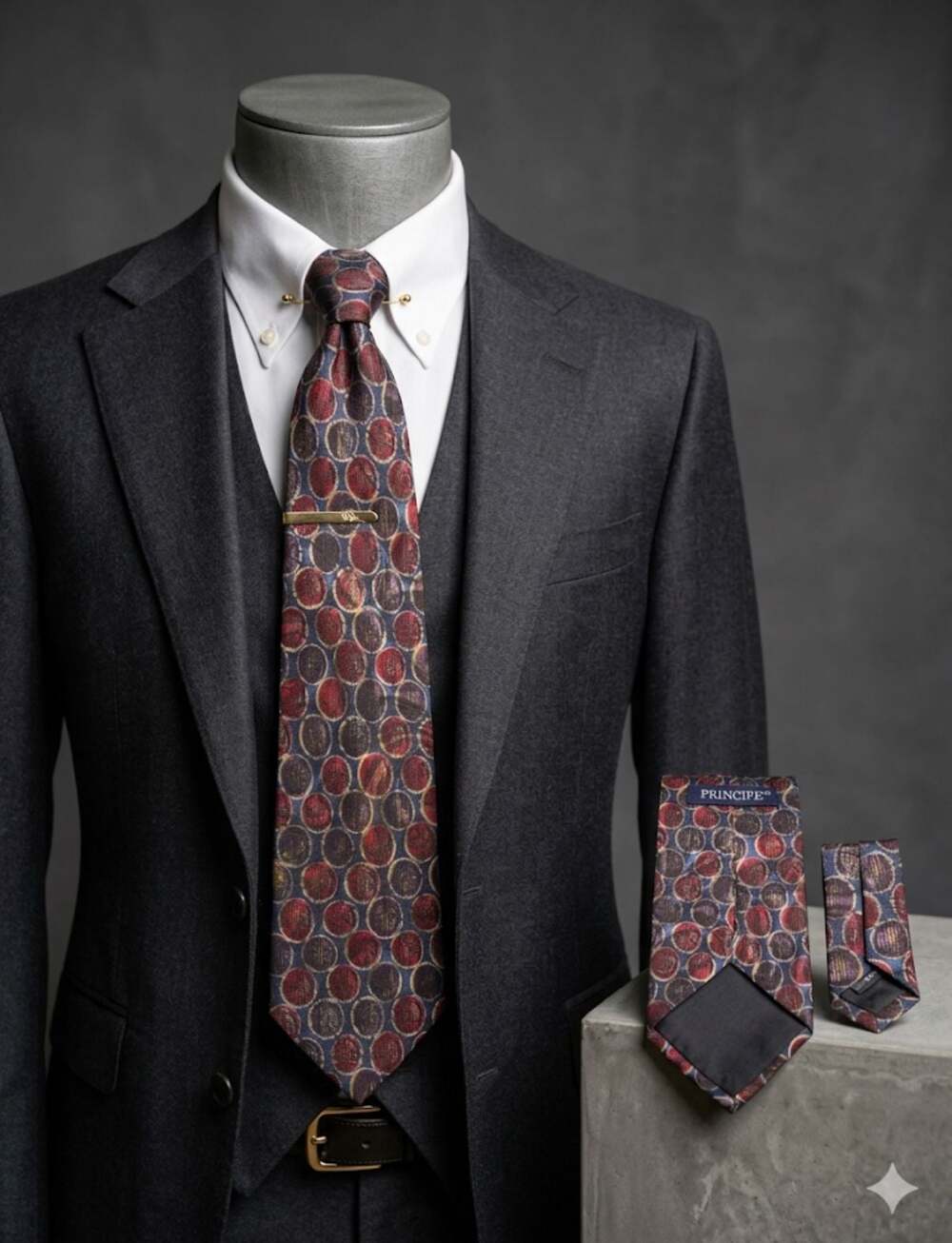 Principe Silk Necktie Red and Blue Geometric Circle Pattern